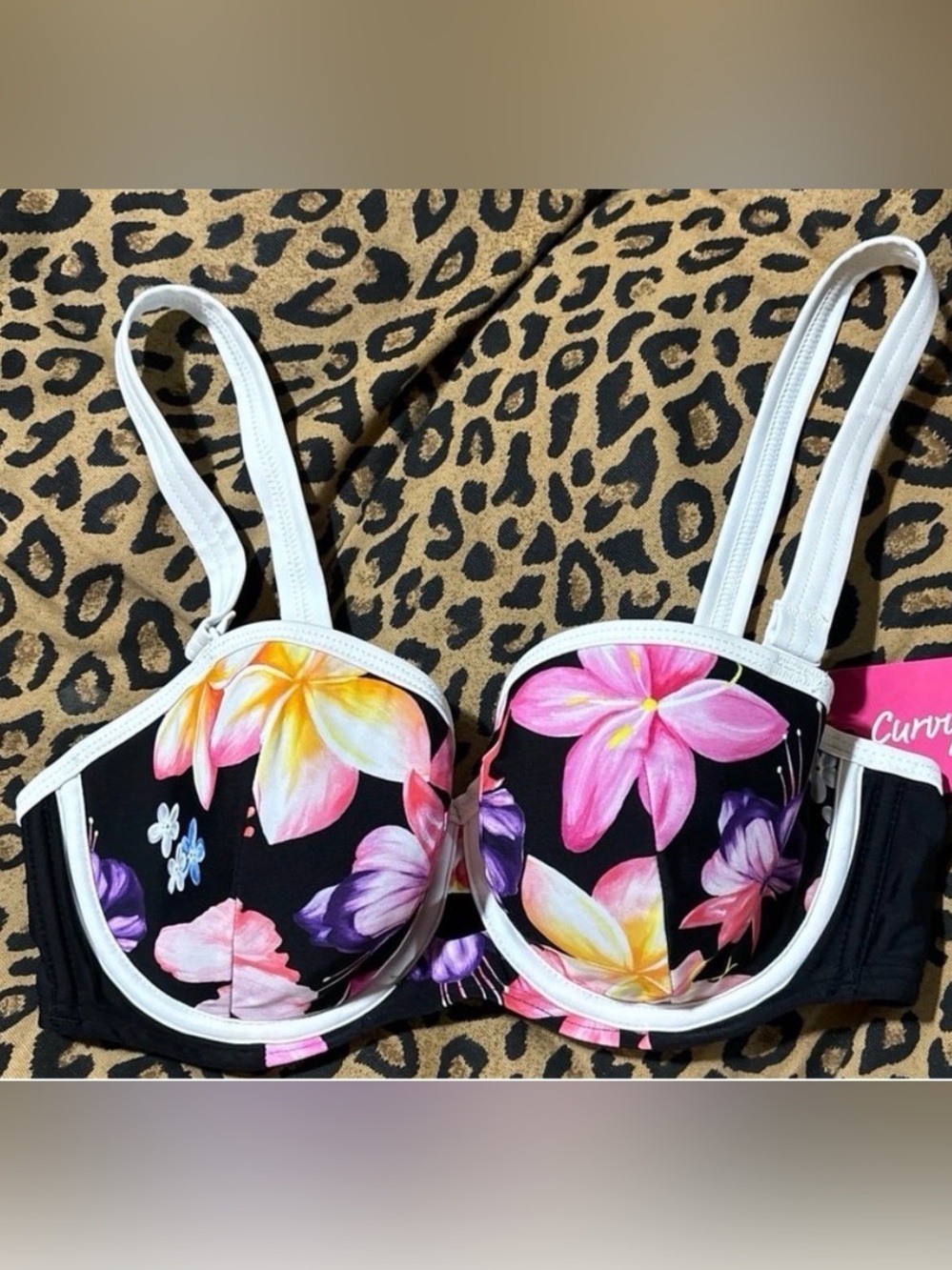 NEW Curvy Kate Tropical Floral Print Molded Plunge Swimwear Bikini Top, 30DD